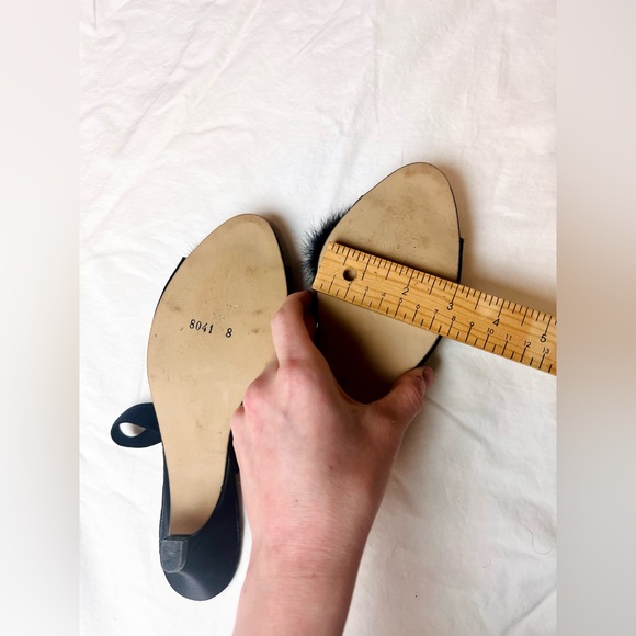 Fluffy fur pom vintage style retro black silk boudoir peep toe kitten heels - Picture 6 of 7